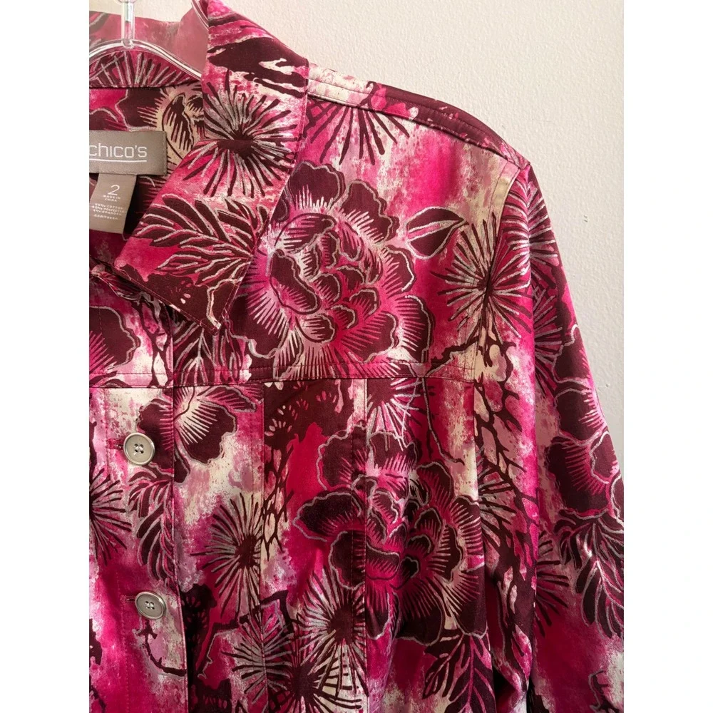 Chico's Pink Floral Button Front Jacket Size 2 Large Cotton Blend Long Sleeve - Picture 4 of 7